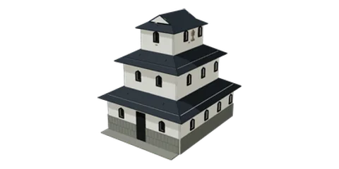Japanese castle miniature house — White keep · bold gables · bell windows