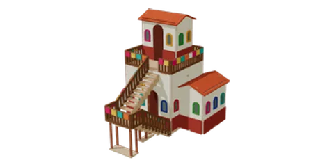 Mexican village miniature house — Ivory plaster · red dado · roof terrace