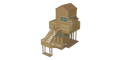 Canopy lodge miniature house — Raised cabin · decks · tall firs