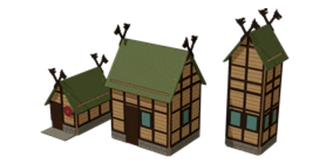 Viking village miniature house — Longhouse · turf roof · dragon gables
